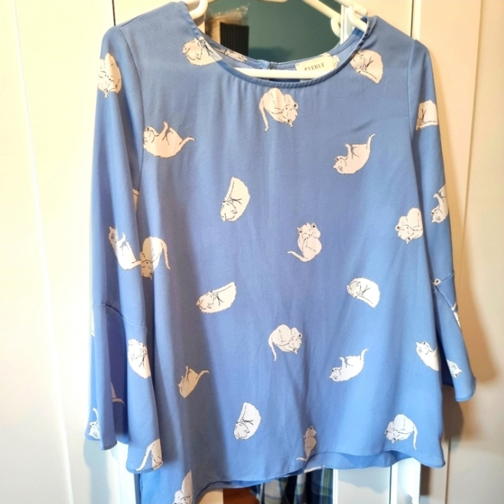 Everly Bell Sleeve Cat Print Blue Woman's Blouse🐾